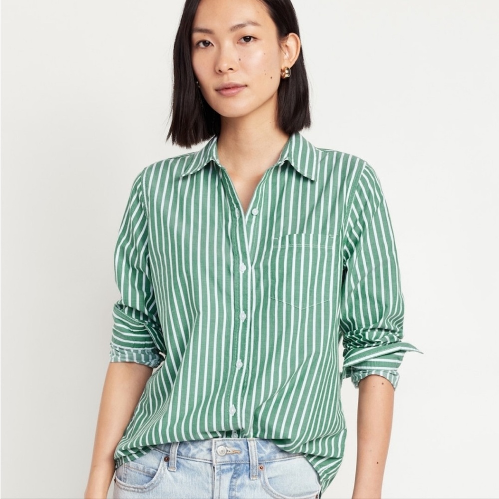 Old Navy Classic Button Down Green Striped Women's Shirt Top Medium